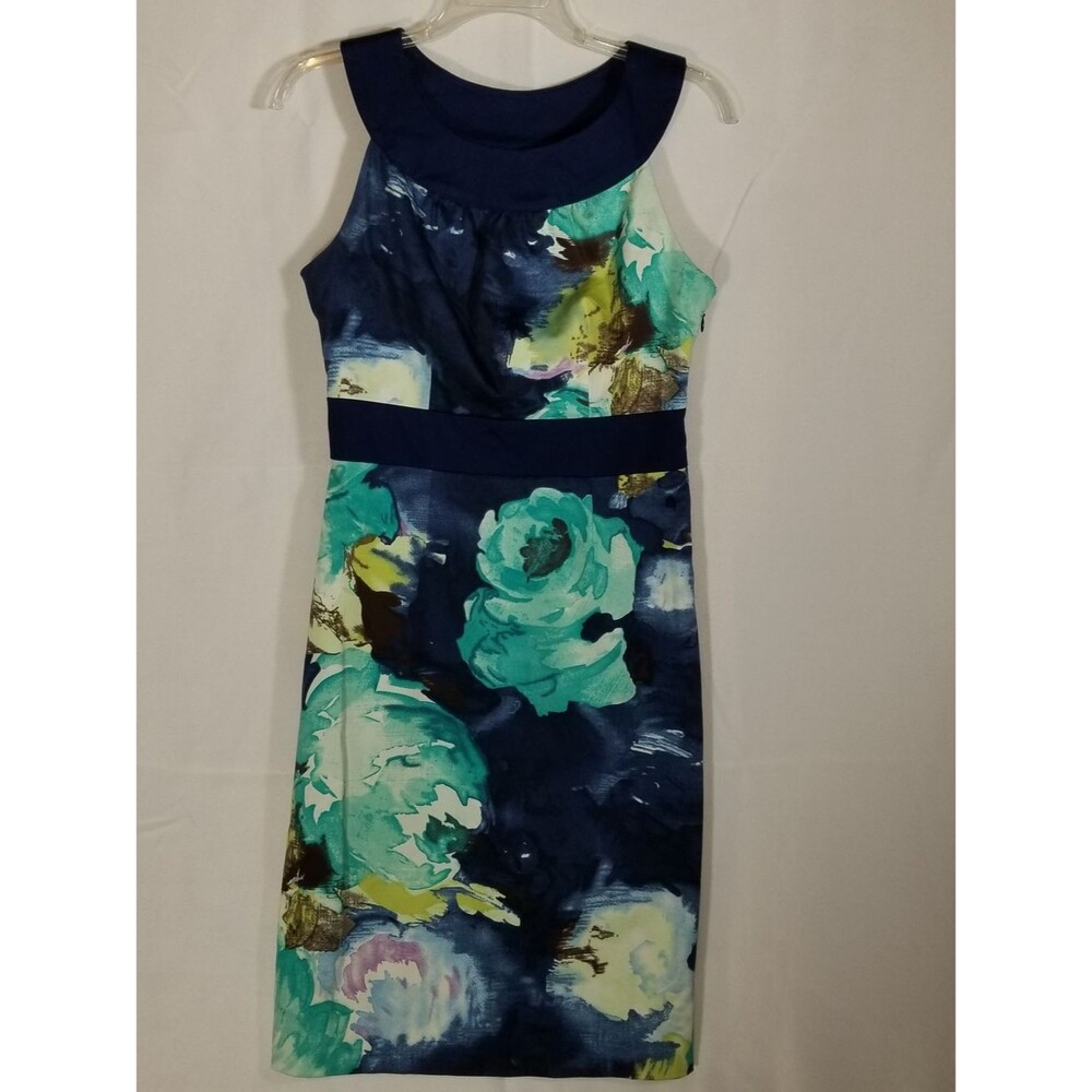 Merona Navy Blue Floral Sheath Dress Sleeveless Knee Length Teal Aqua Size Small - Picture 2 of 9